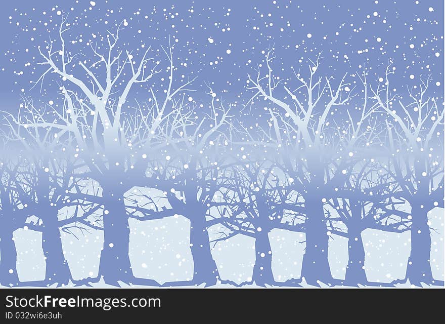 Silhouette graphic depicting a winter scene of a stand of trees in the falling snow. Silhouette graphic depicting a winter scene of a stand of trees in the falling snow