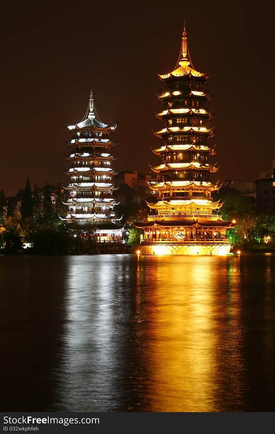 Twin Pagodas In Guilin City Center