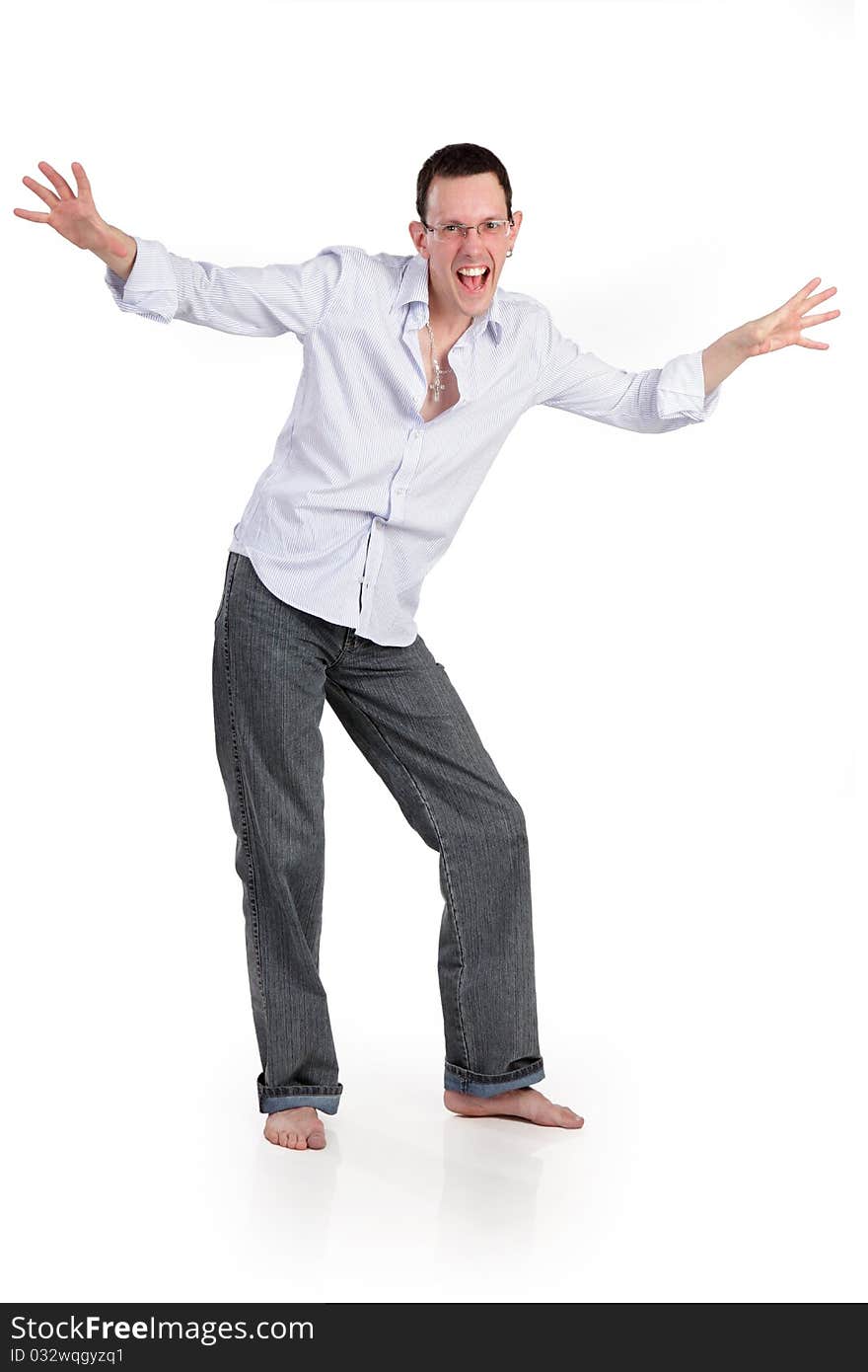 Fun cheerful young man isolated on a white background