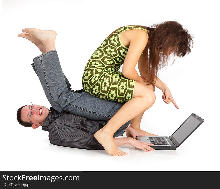 Guy and girl with the laptop isolated on a white background