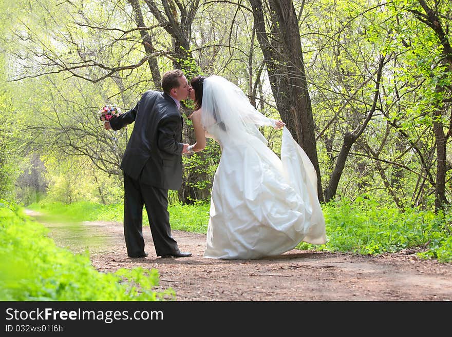 Bride and groom kissing in the park