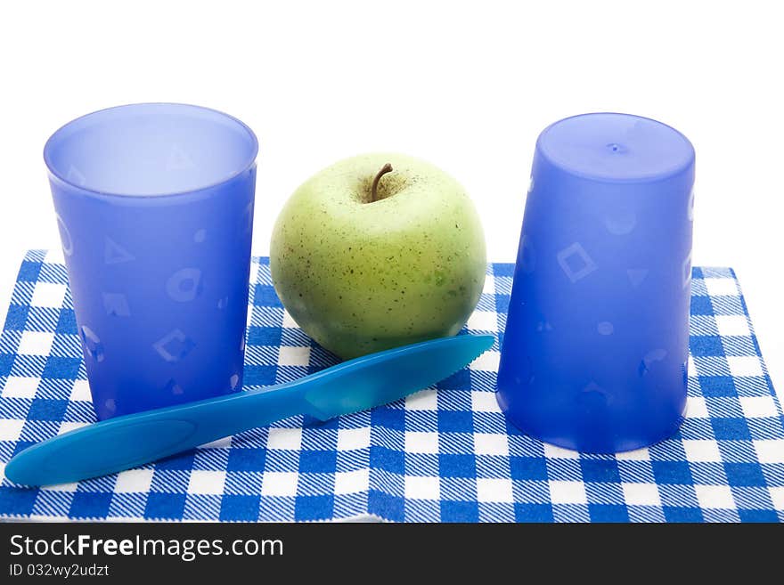 Blue cups with apple