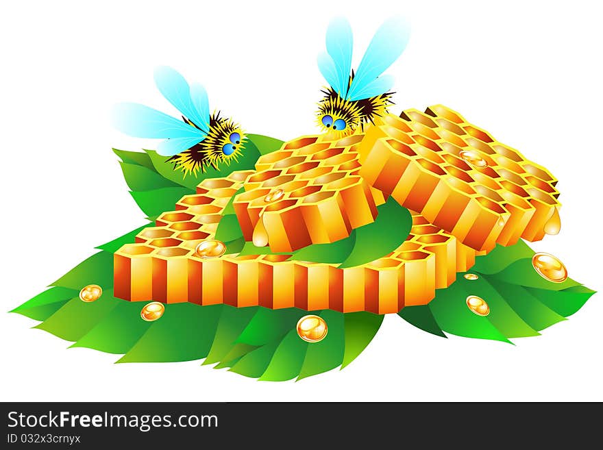 Honeycomb full with honey on green leaves and two bees over it. Honeycomb full with honey on green leaves and two bees over it