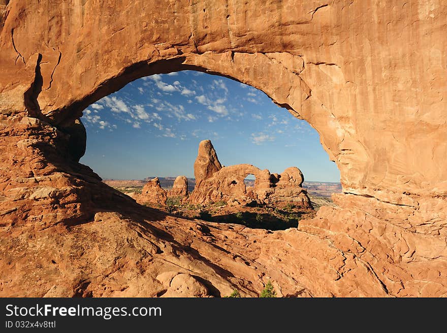 Sunset on Turret Arch through North Window, Arches National Park, Uta