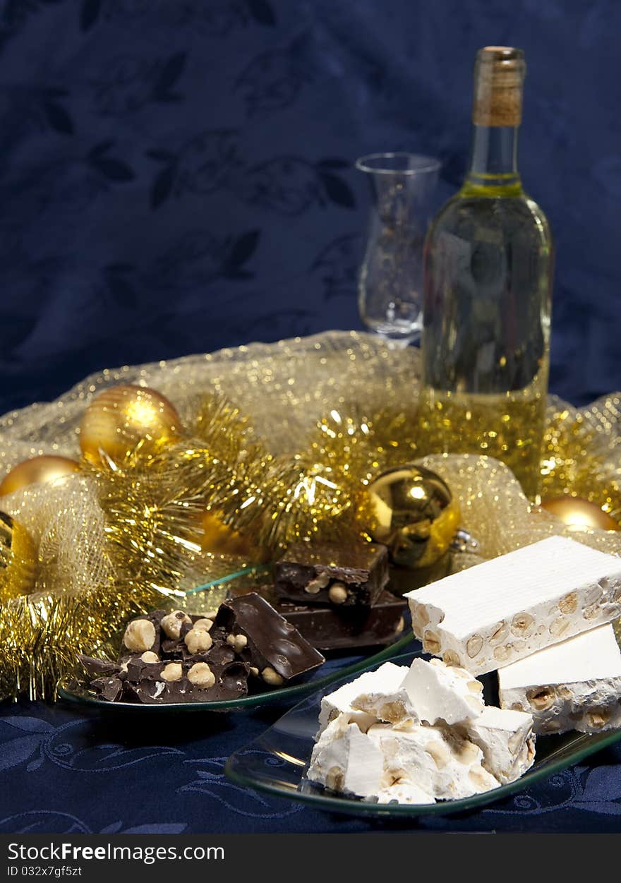 Panettone With Wine And Christmas Decorations