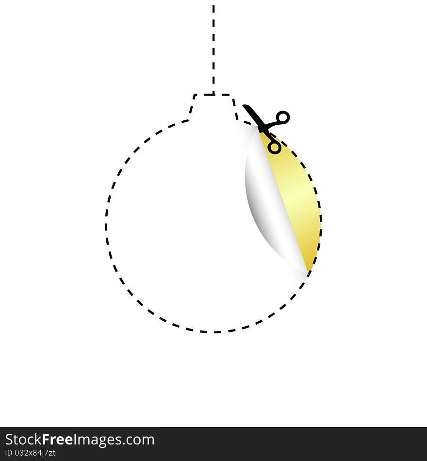 Vector scissors cutting Christmas ball sticker isolated on white