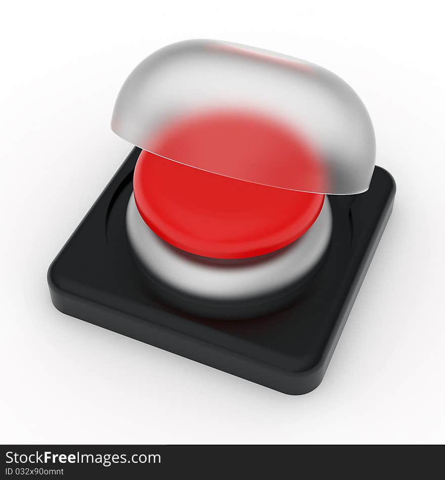 Plastic red button with cover from frosted glass rendered with soft shadows