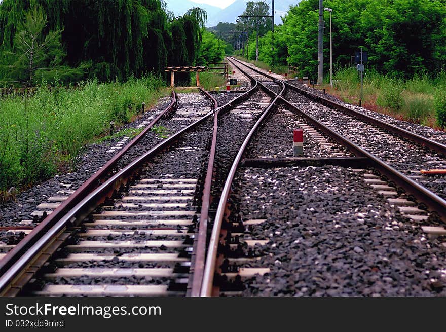 Railroad tracks near an exchange. Railroad tracks near an exchange