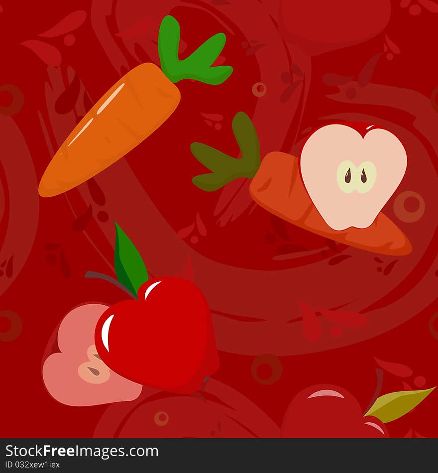 Apples and carrots on dark-red background