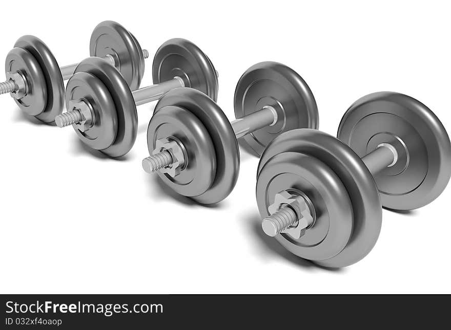 Many metallic a black dumbbells. Many metallic a black dumbbells