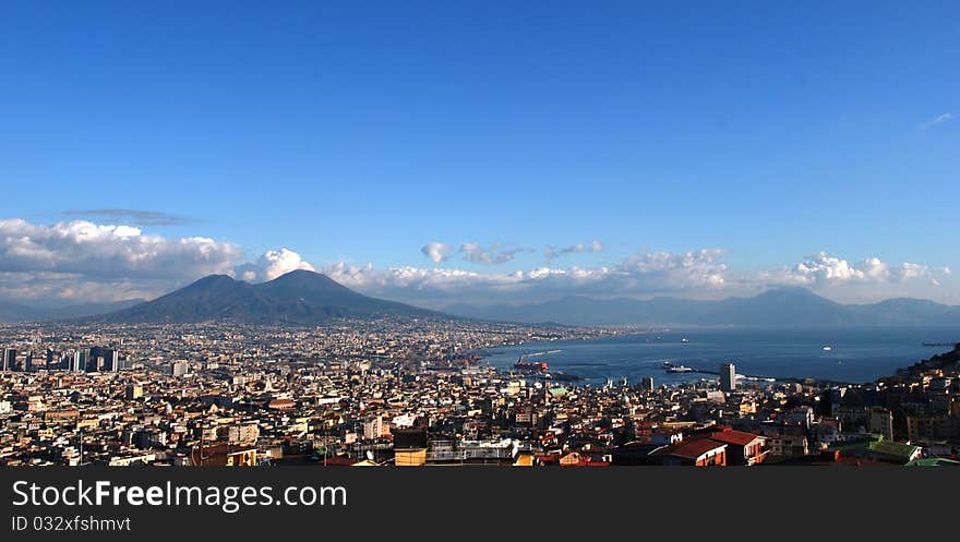 The huge city of Naples, with Vesuvius, gulf and harbour, from the hill of the Vomero