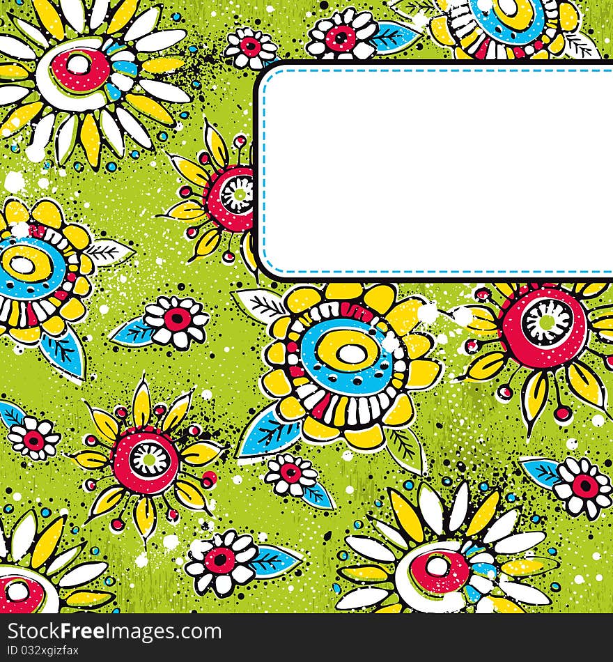 Green grunge background with color flowers, illustration. Green grunge background with color flowers, illustration