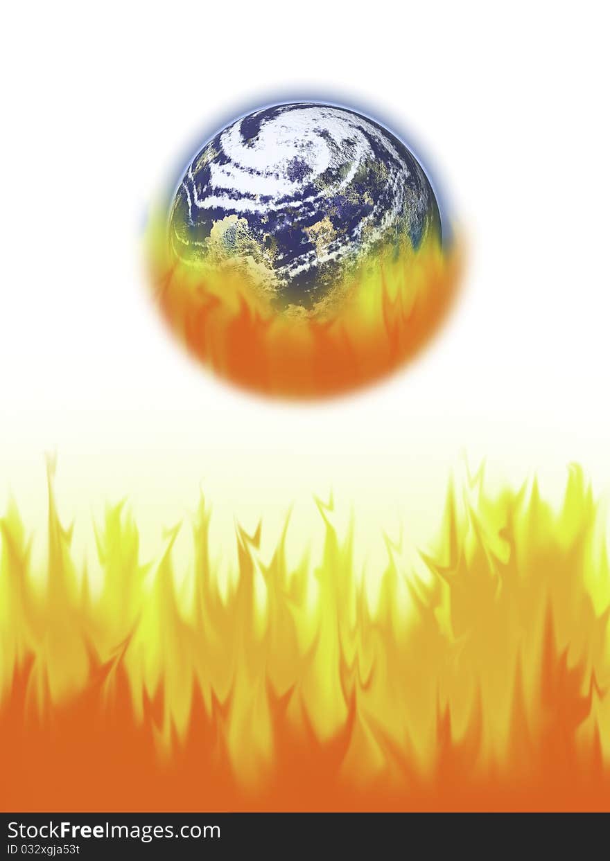 This image shows the Earth burned by fire, on a white background. This image shows the Earth burned by fire, on a white background