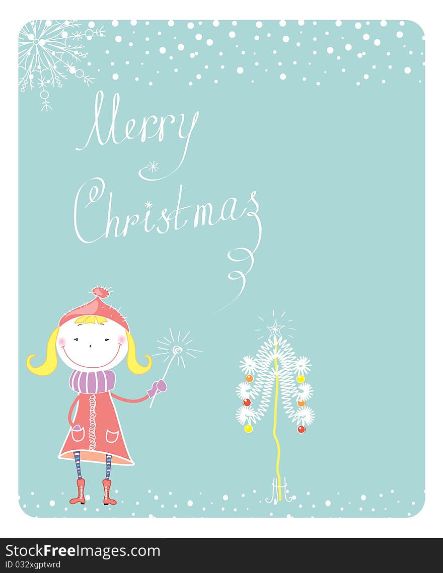 Vector new year postcard with nice little girl and christmas tree. Vector new year postcard with nice little girl and christmas tree.