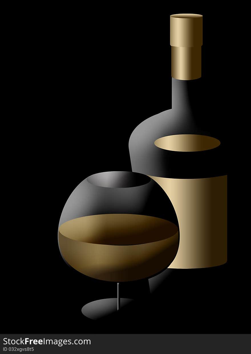 Bottle and glasse of cognac on black background. Bottle and glasse of cognac on black background