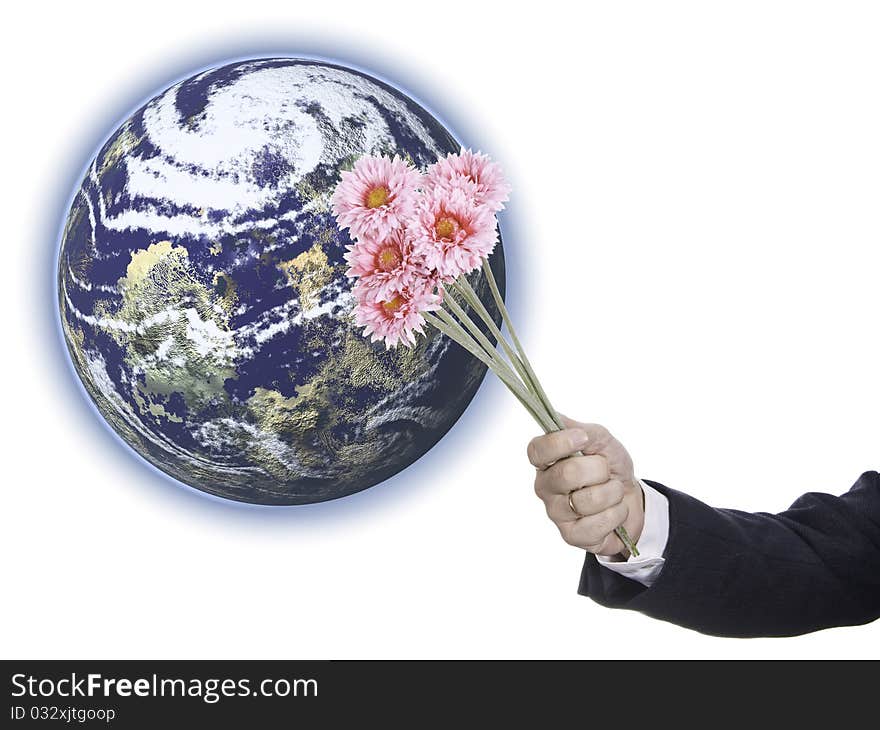 This image shows a male arm offering flowers to Earth. This image shows a male arm offering flowers to Earth