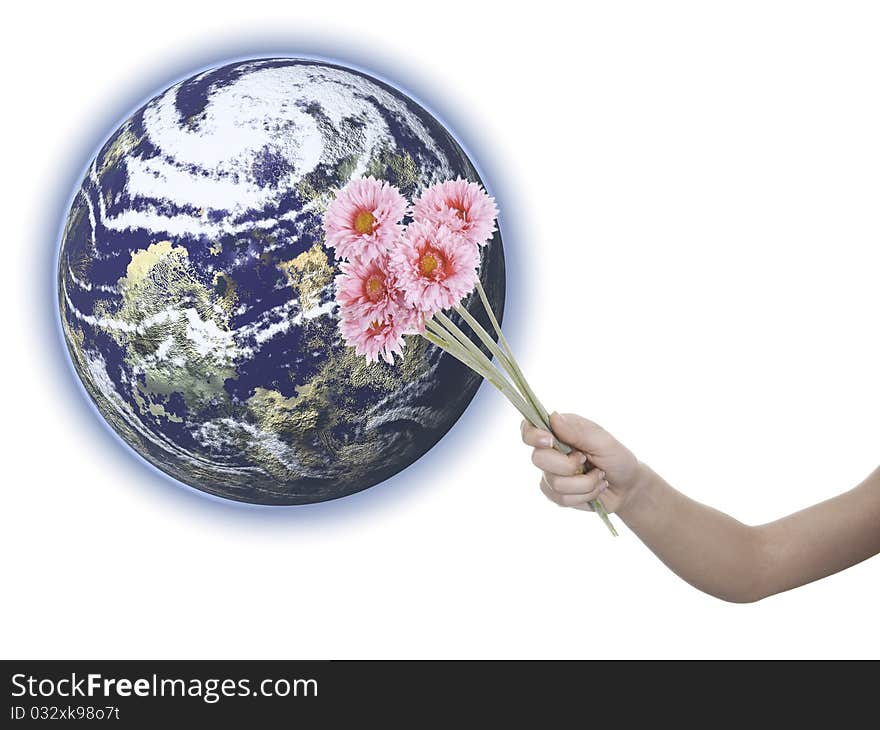 This image shows a female arm offering flowers to Earth. This image shows a female arm offering flowers to Earth