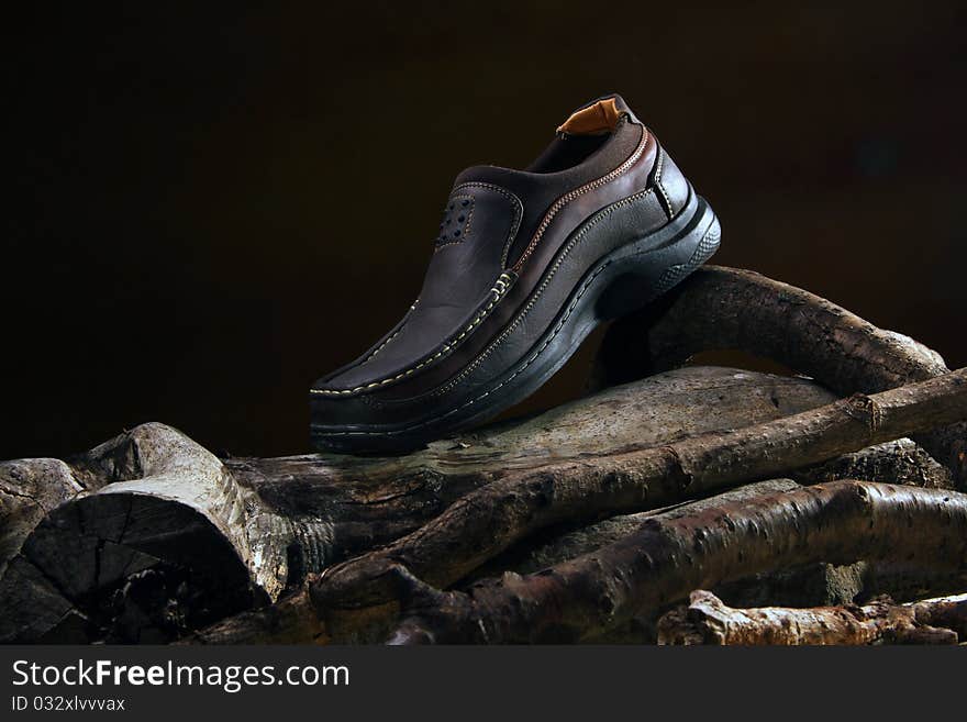 Leather men shoes on the wood and rocks