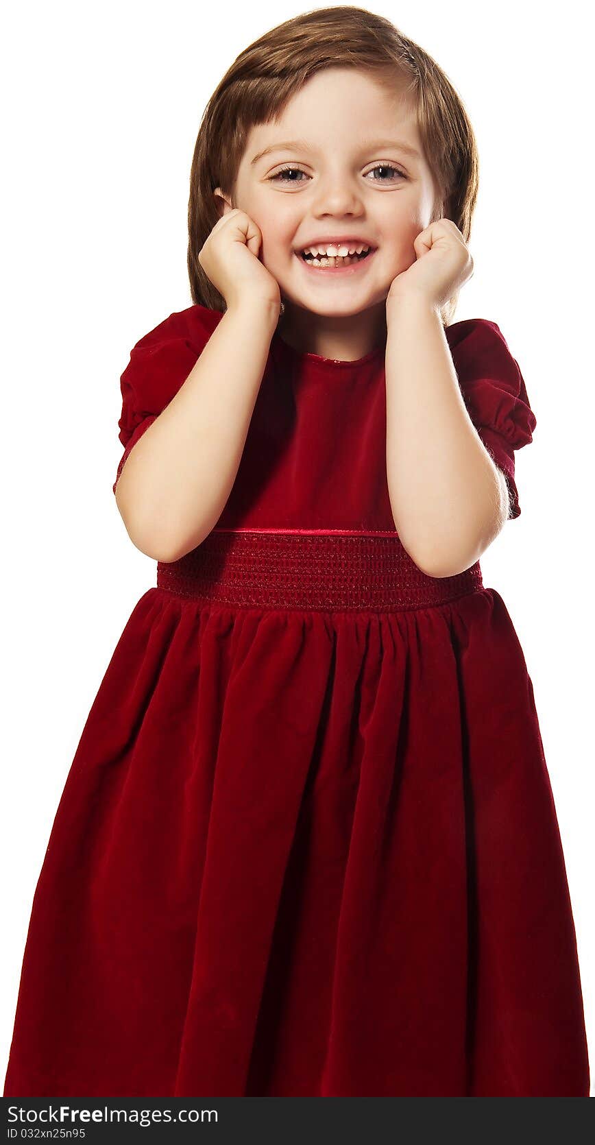 Little girl four years old with best red dress isolated on white. Little girl four years old with best red dress isolated on white