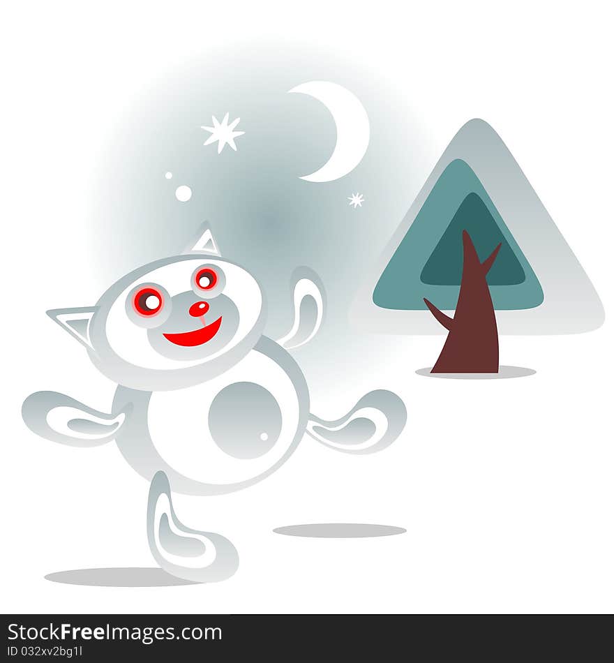 Cartoon snow cat with gift and pine on a winter background. Cartoon snow cat with gift and pine on a winter background.