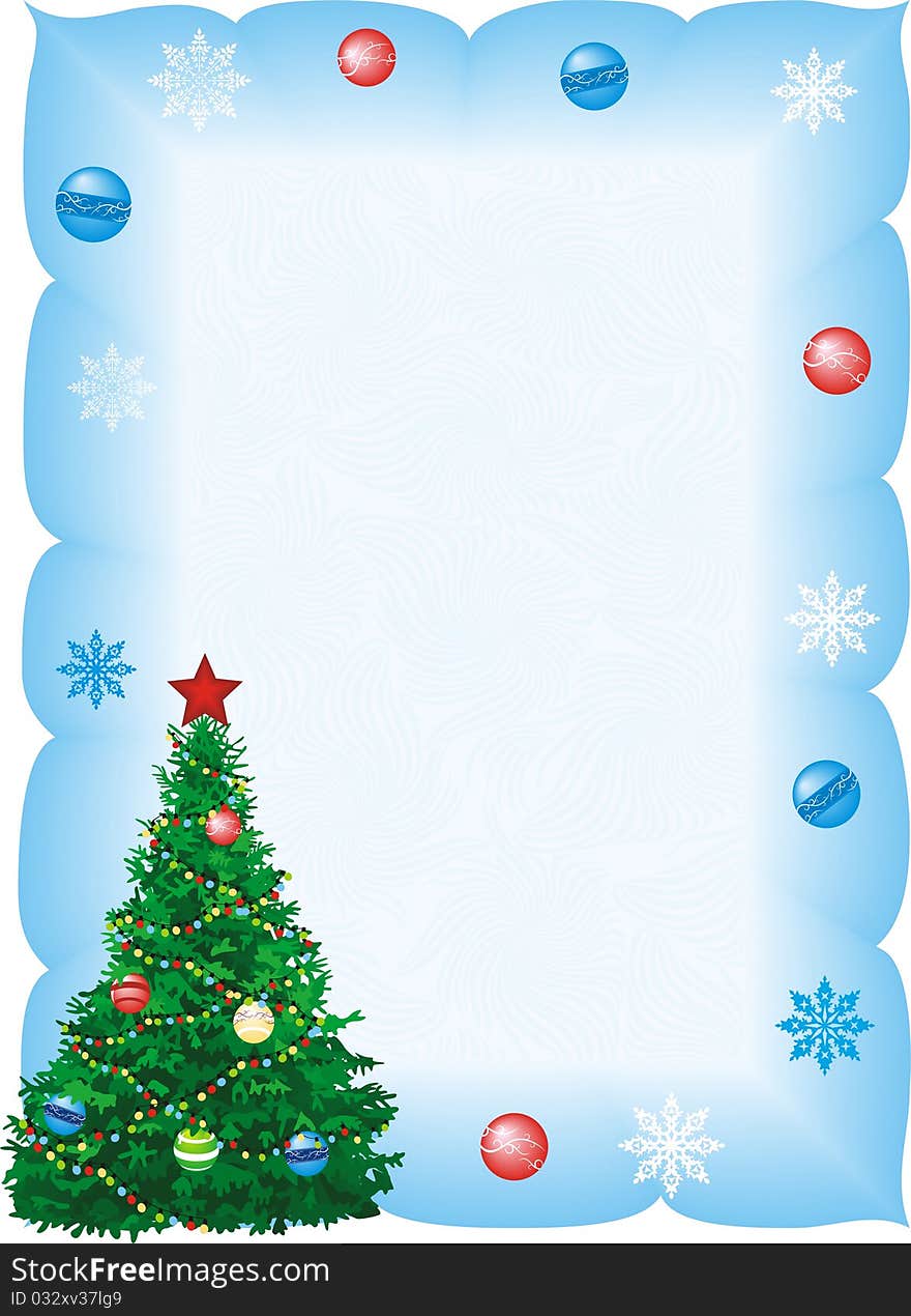 Christmas fir in blue frame with snowflakes and balls