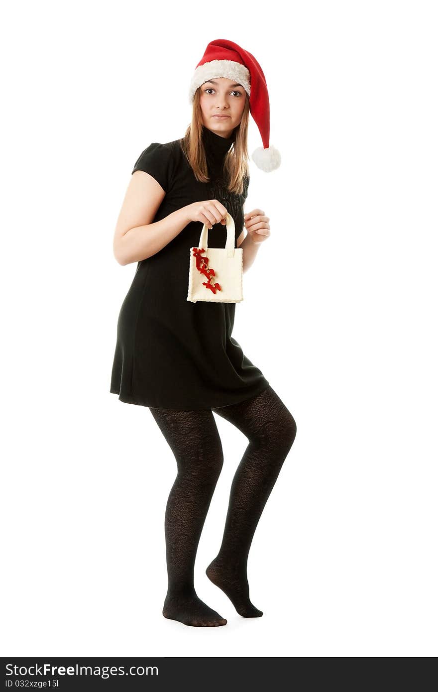 Santa girl hat and bag on white background