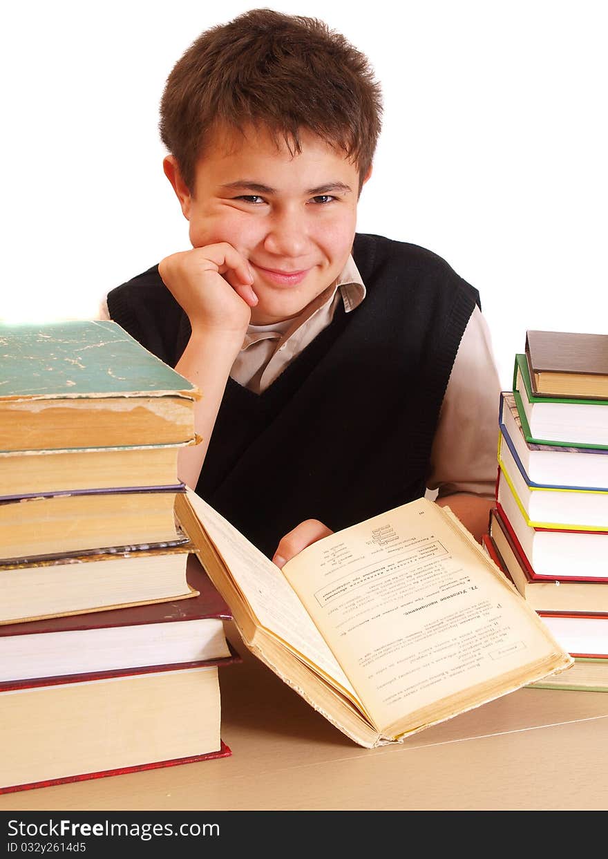 Boy and books with white background