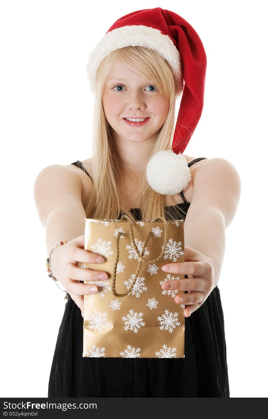 Young beautiful girl in a Santa hat on a white background