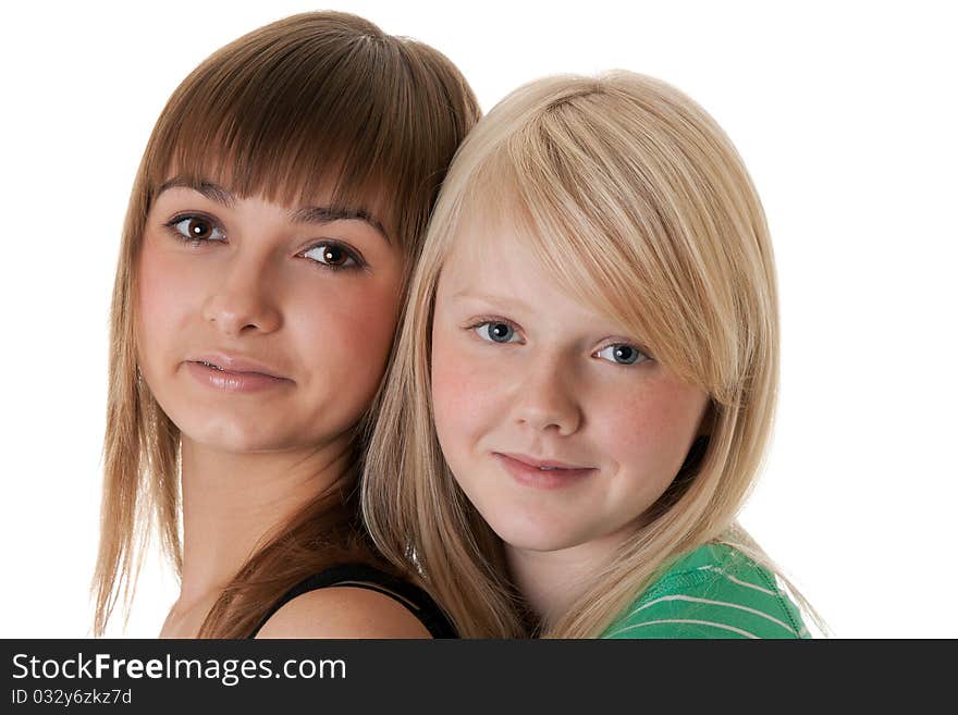 Portrait of two friends on a white background