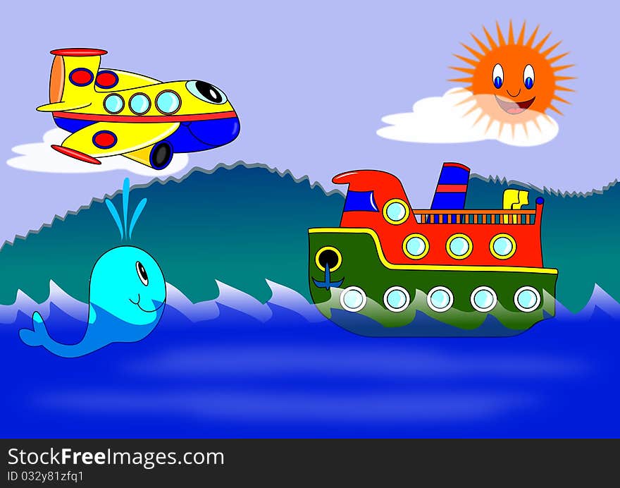 Sun ocean boat ship airplane illustration whale. Sun ocean boat ship airplane illustration whale