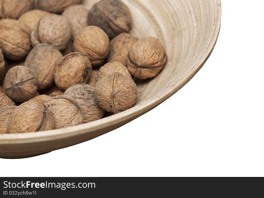 Wooden bowl with walnuts