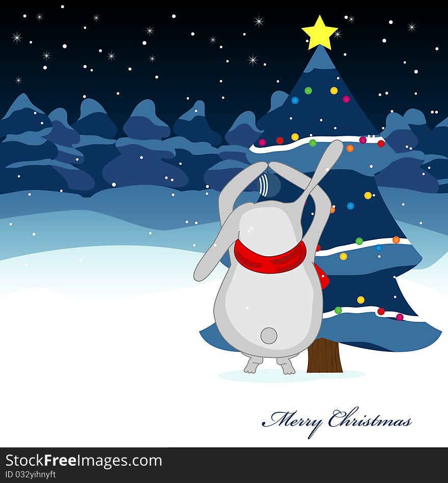 Vector christmas card with rabbit and tree