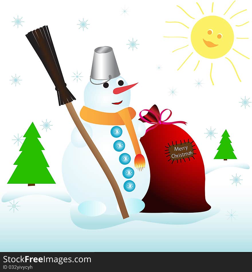 Snowman with a broom and a bucket on his head and a bag of gifts, vector illustration, eps10