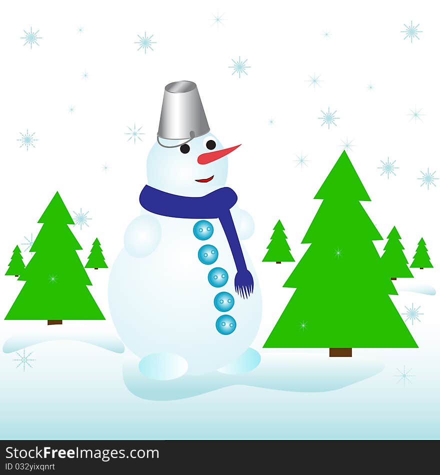 Snowman with a bucket on his head and a Christmas trees, vector illustration, eps10