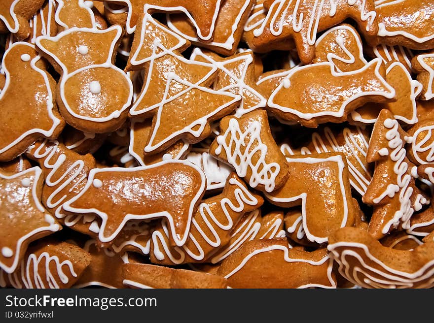 Box of christmas Gingerbread cookies on baking paper