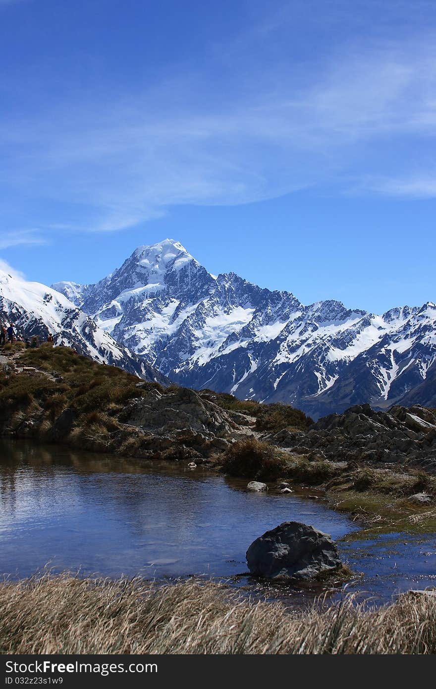 A view of New Zealands highest mountain, Aoraki, over Sealy Tarns on the Mueller Route.