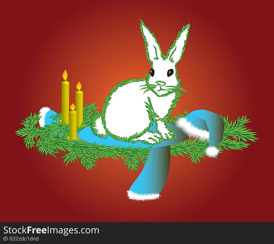 The white hare with a contour fur-tree needles congratulates on Christmas