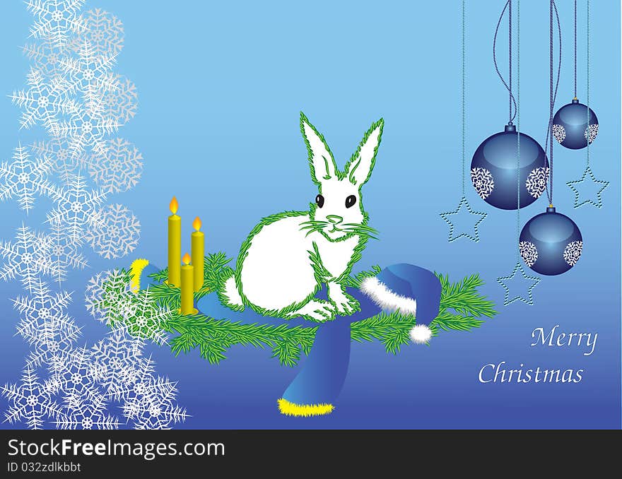 The white hare with a contour fur-tree needles congratulates on Christmas