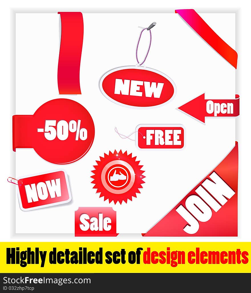 Set of red elements. New -50% join,FREE etc. Vector. Set of red elements. New -50% join,FREE etc. Vector.