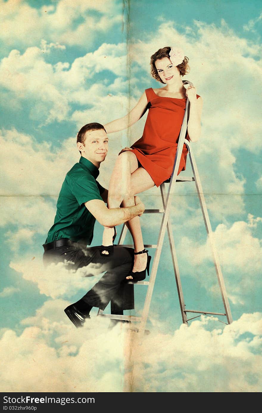 Postcard with love couple in the sky. Postcard with love couple in the sky