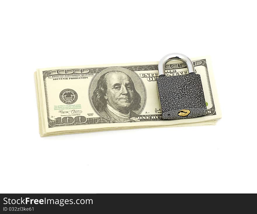 Lock and stack money isolated on white. Lock and stack money isolated on white