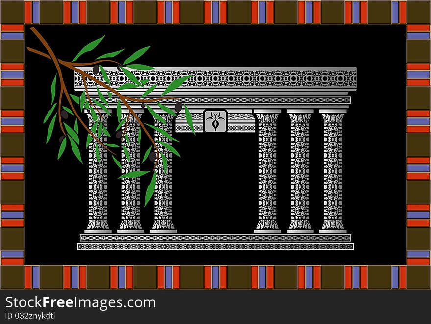 Fantasy phoenician temple and olive branch. vector illustration