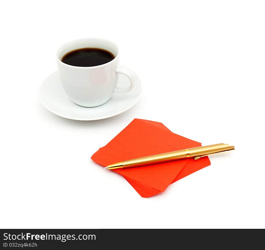 Red sticker note and a cup of coffee. isolated on white