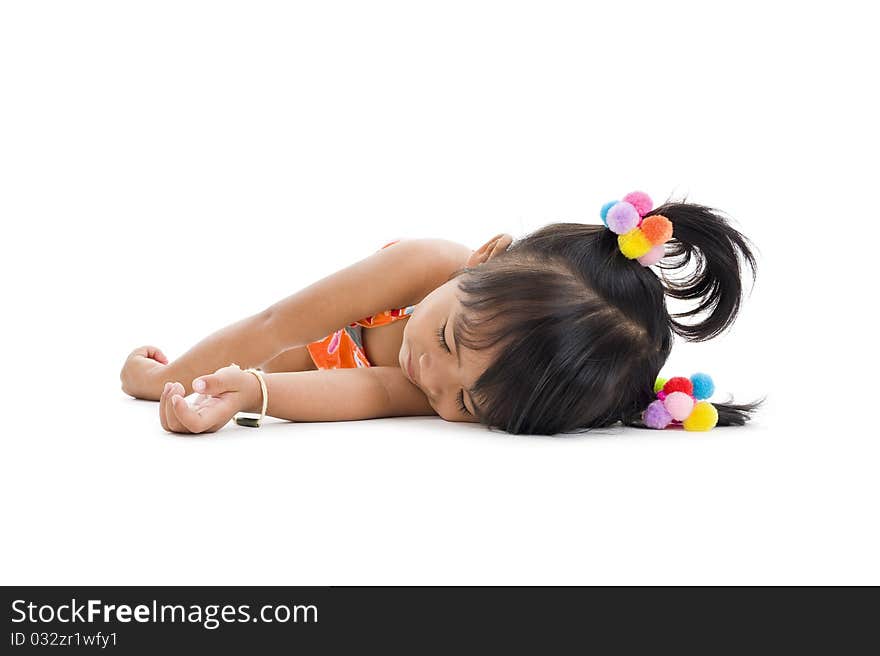 Cute little girl sleeping, isolated on white background