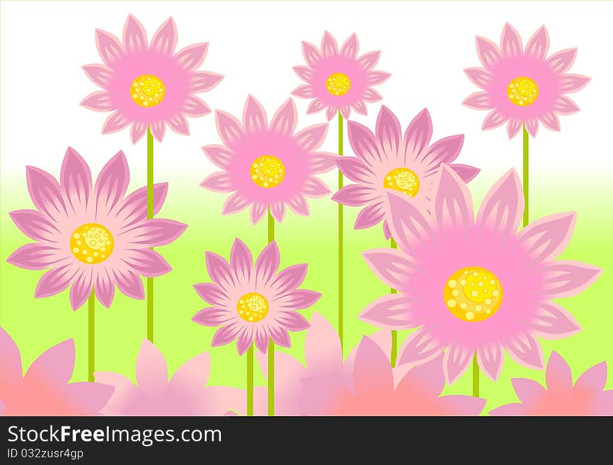 Pink flowers on green background. Pink flowers on green background