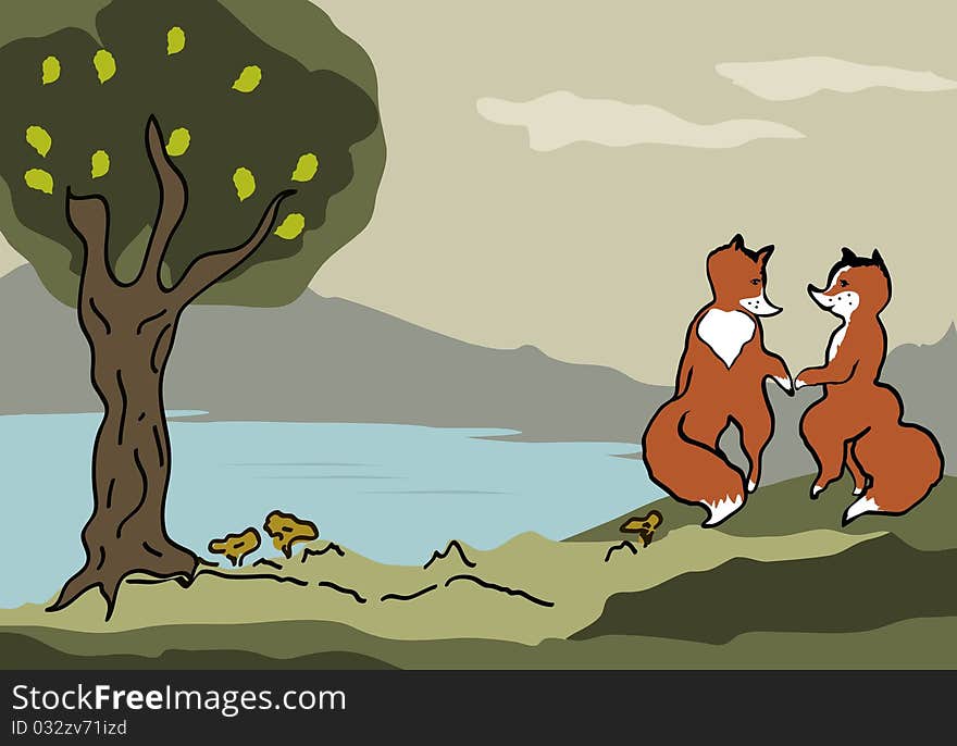 Child illustration with foxes on the walk