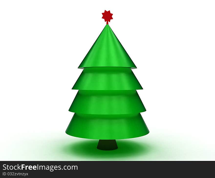 Green Tree made of plastic with a red star on white background. Green Tree made of plastic with a red star on white background