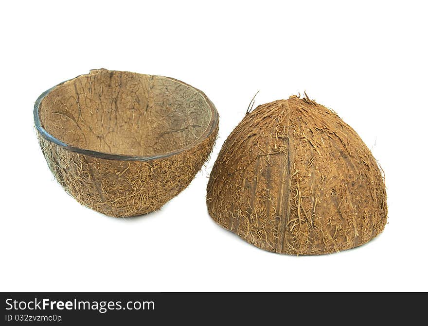 Coconut broken shell on a white background