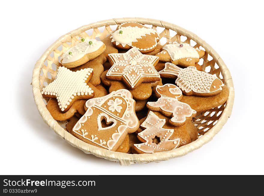 Various shapes of christmas gingerbread decorated with white topping