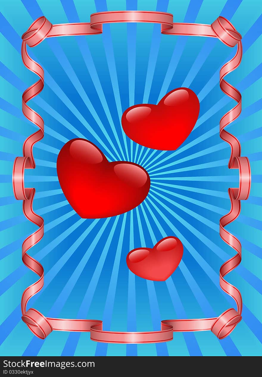 Ribbons and hearts on the background of the rays are shown in the picture. Ribbons and hearts on the background of the rays are shown in the picture.